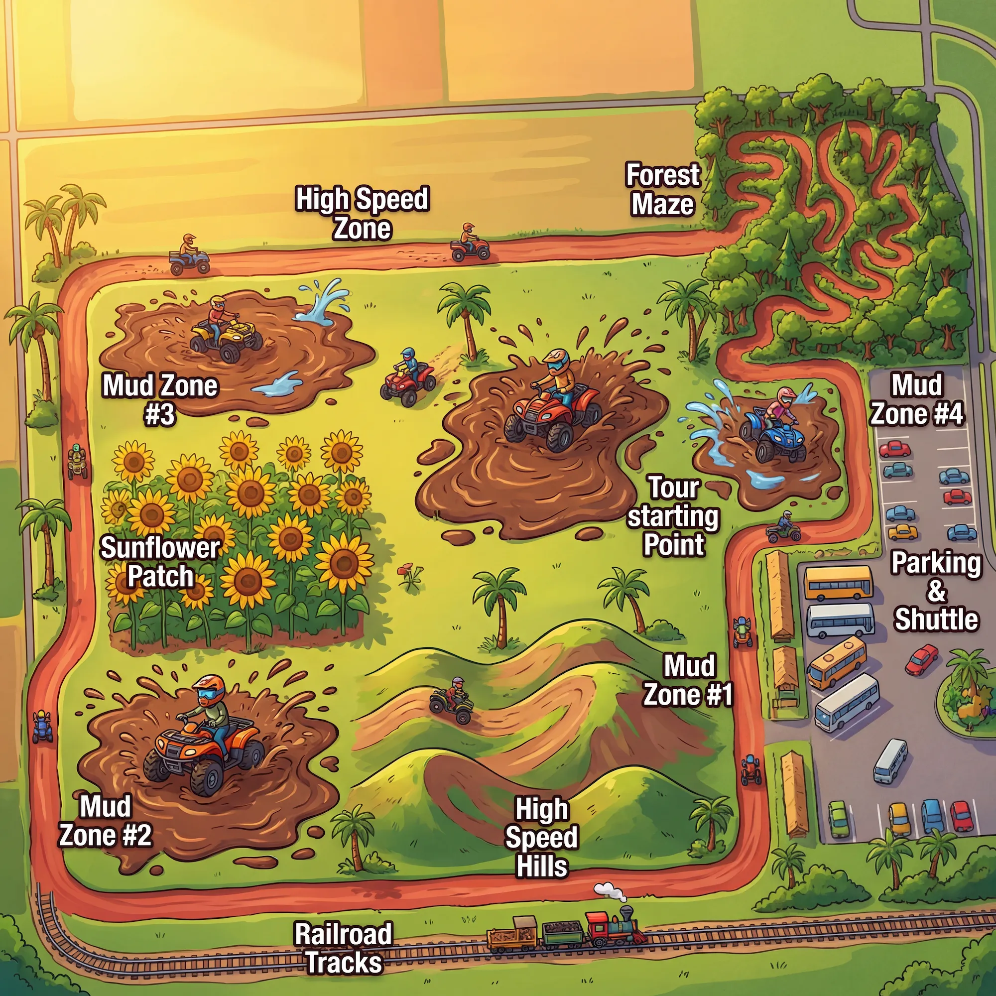 Mapa ilustrado del sistema de senderos de 1,000 acres de Takeovers